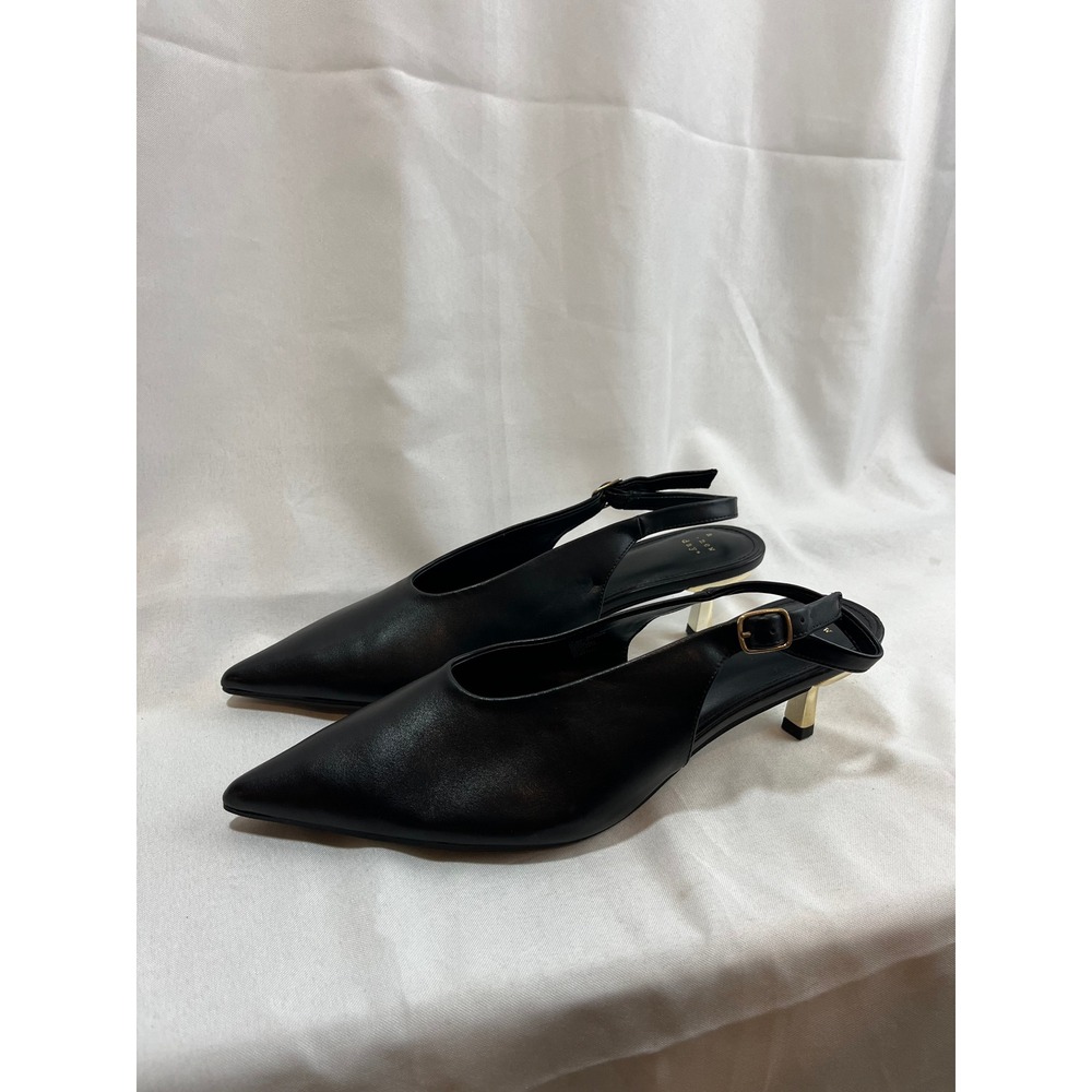 A New Day Black Pointed Toe Slingback Kitten Heels with Gold Heel Size 10
